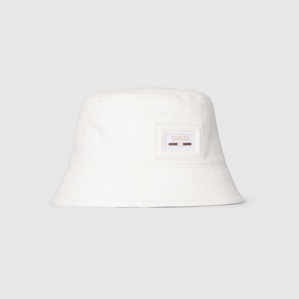 Gucci White Logo Cotton Canvas Bucket Hat Unisex Medium